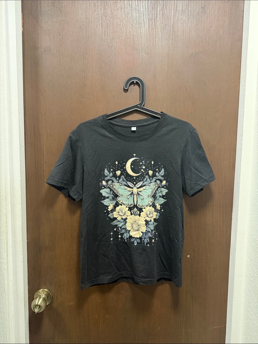 Black Short Sleeve Tee with Moon & Moth Floral Graphic